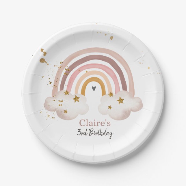 Boho Rainbow Party Neutral Earth Tones Modern Paper Plate (Front)
