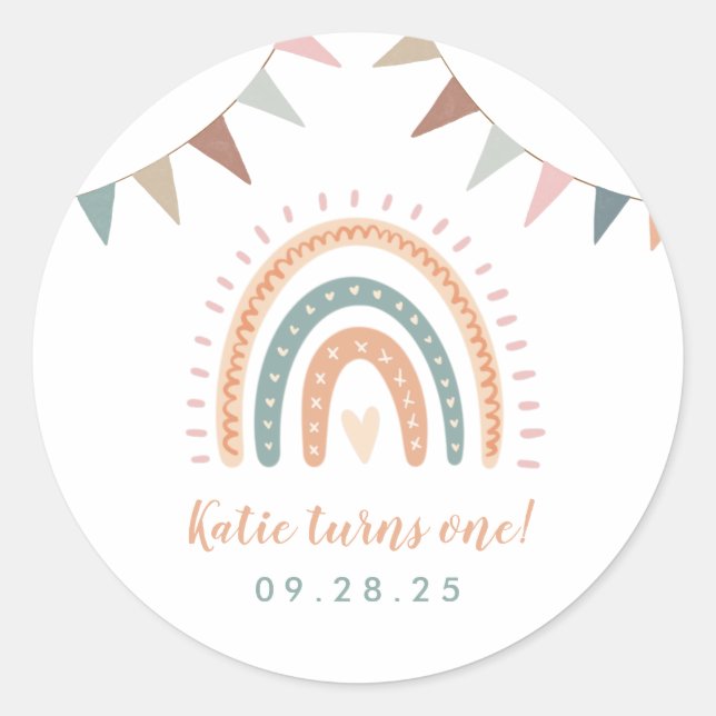 Boho Rainbow Pastel Fiesta First Birthday Classic Round Sticker (Front)