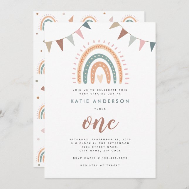 Boho Rainbow Pastel Fiesta First Birthday Invitation (Front/Back)