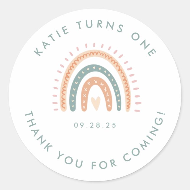 Boho Rainbow Pastel First Birthday  Classic Round Sticker (Front)
