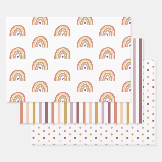 Boho Rainbow Peach Purple Baby Shower Wrapping Paper Sheet (Set)