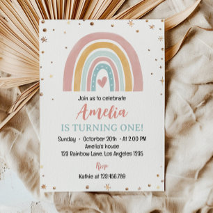 Boho Rainbow Pink 1st Birthday Invitation