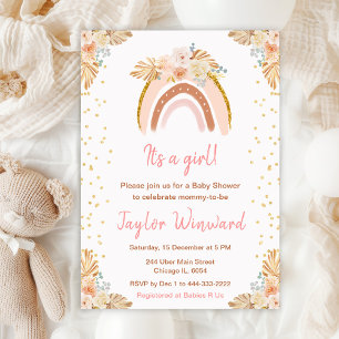 Boho Rainbow Pink Baby Shower Invitation