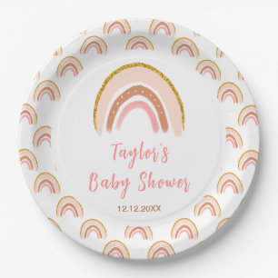 Boho Rainbow Pink Baby Shower Paper Plate