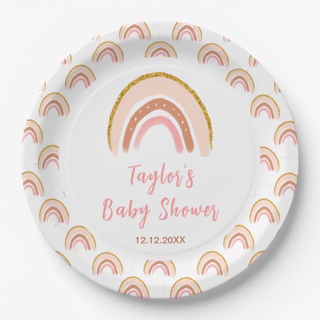 Boho Rainbow Pink Baby Shower Paper Plate (Front)