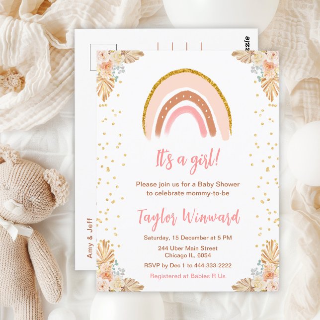 Boho Rainbow Pink Baby Shower Postcard (Creator Uploaded)