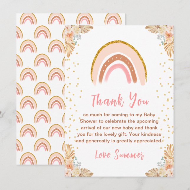 Boho Rainbow Pink Baby Shower Thank You Card (Front/Back)
