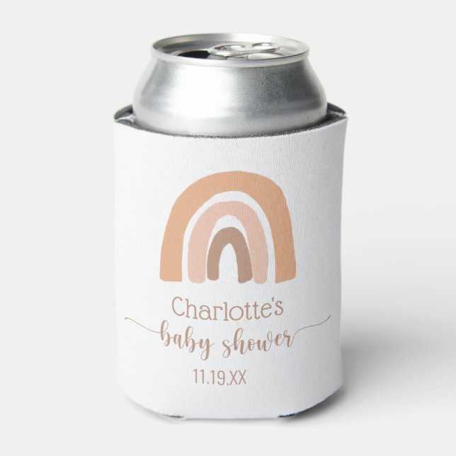 Boho Rainbow Pink Brown Baby Shower Can Cooler (Can Front)