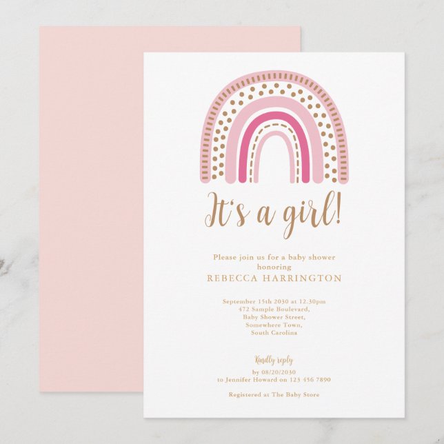 Boho Rainbow Pink Girl Baby Shower Invitation (Front/Back)