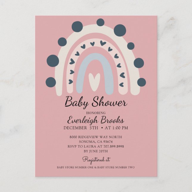 Boho Rainbow Pink Girl Baby Shower Invitation  (Front)