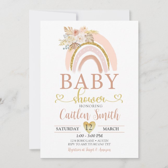 Boho Rainbow Pink Gold Baby Shower Invitation (Front)