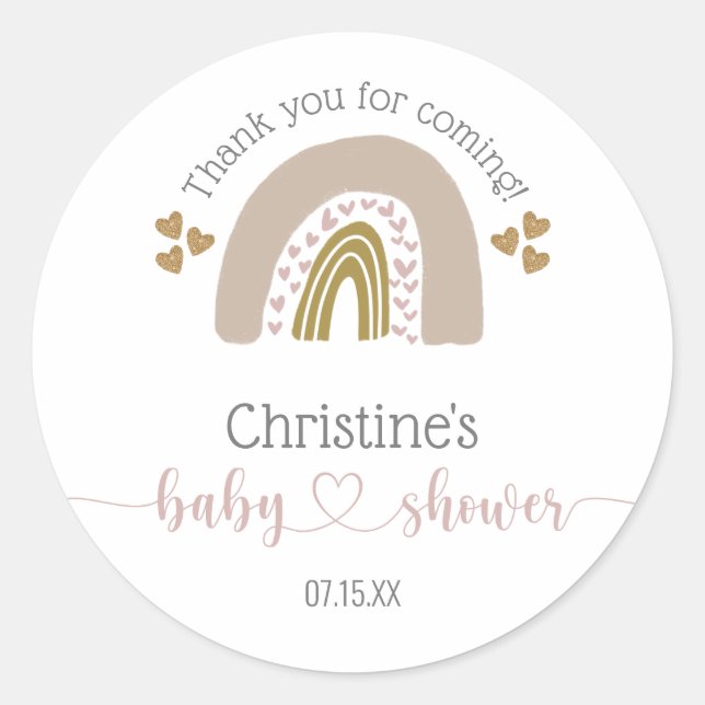 Boho Rainbow Pink Heart Baby Girl Shower Thank You Classic Round Sticker (Front)
