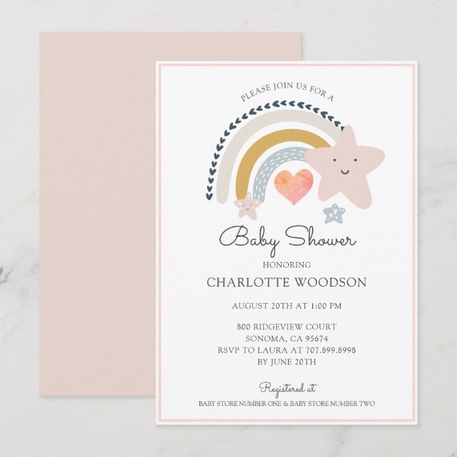 Boho Rainbow Pink Heart Girl Baby Shower  Invitation (Front/Back)