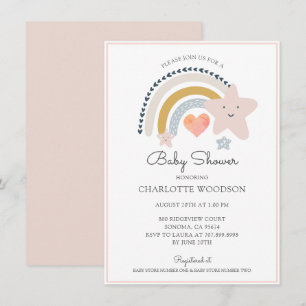 Boho Rainbow Pink Heart Girl Baby Shower Invitation