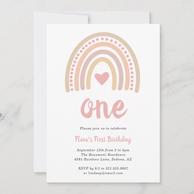 Boho Rainbow Pink Heart Girl Cute First Birthday Invitation (Front)