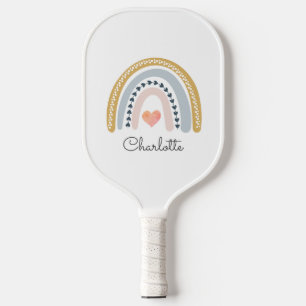 Boho Rainbow Pink Heart Personalised Pickleball Paddle