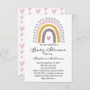 Boho Rainbow Pink Hearts Purple Teal Baby Girl Invitation