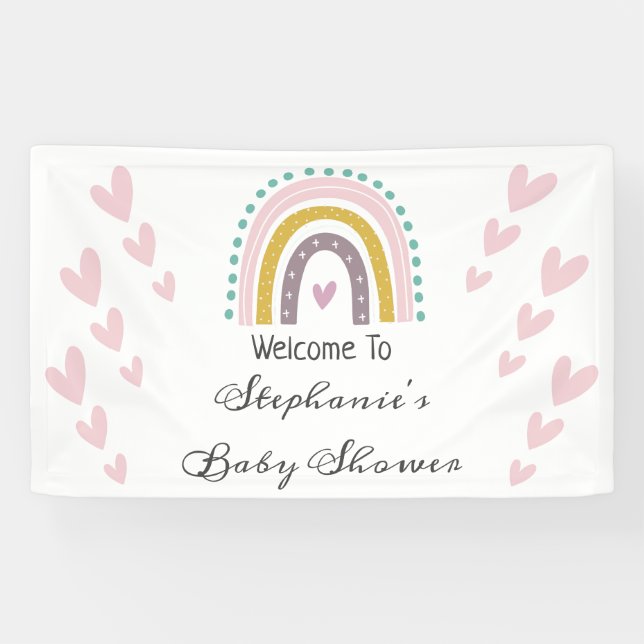 Boho Rainbow Pink Hearts Purple Teal Baby Shower Banner (Horizontal)