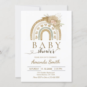 Boho Rainbow Pink Pampas grass Baby Shower Invitation