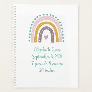 Boho Rainbow Pink Teal Gold Hearts Birth Stats  Planner