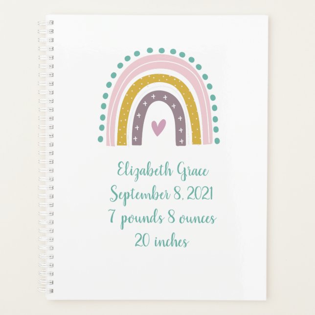 Boho Rainbow Pink Teal Gold Hearts Birth Stats  Planner (Front)