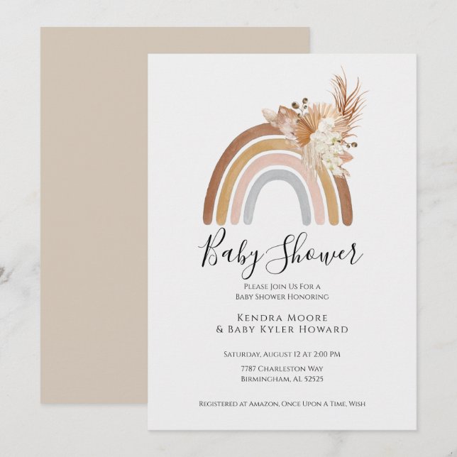 Boho Rainbow Pompas Grass Baby Shower Invitation (Front/Back)