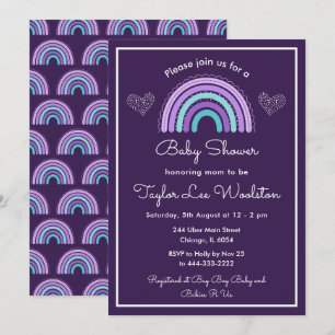 Boho Rainbow Purple and Turquoise Blue Baby Shower Invitation