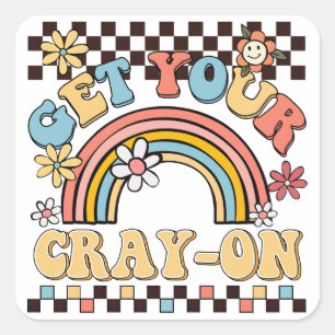 Boho rainbow retro flair get your cray-on teacher square sticker
