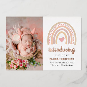 Boho Rainbow Rose Gold Photo Birth Announcement
