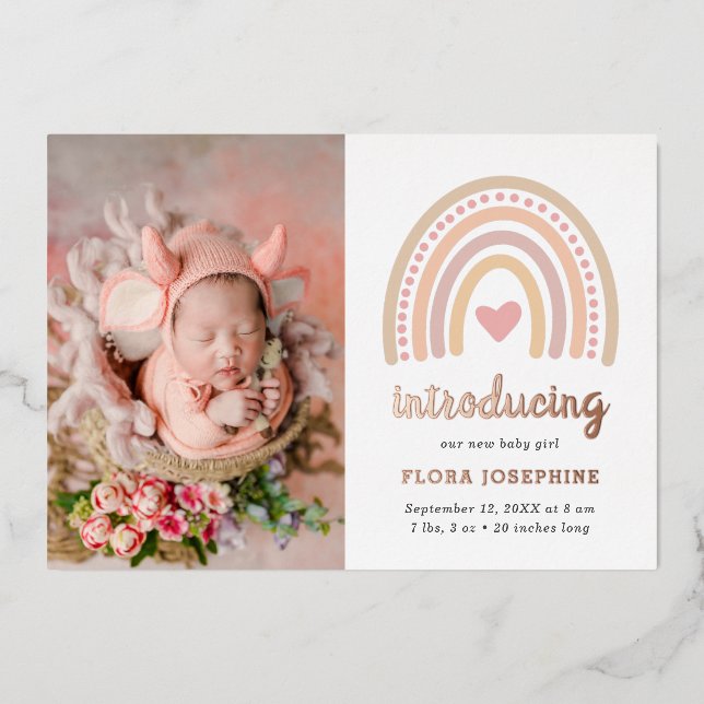 Boho Rainbow Rose Gold Photo Birth Announcement (Front)