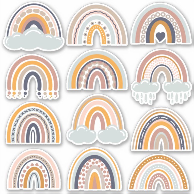 Boho Rainbow Rustic Scrapbook 12 Pretty Stickers (Front)