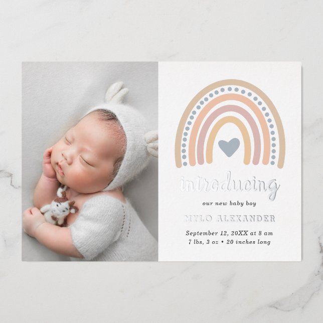 Boho Rainbow Silver Boy Photo Birth Announcement (Front)