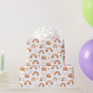Boho Rainbow Stars Terracotta Brown Baby Shower Wrapping Paper