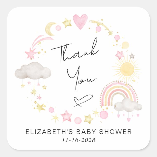 Boho Rainbow Sun Baby Girl Shower Thank You Square Sticker (Front)
