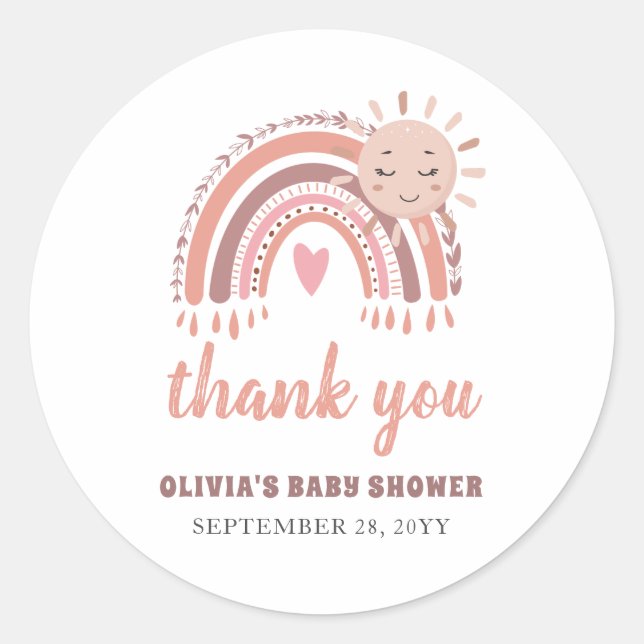 Boho Rainbow & Sun Baby Shower Thank You Classic Round Sticker (Front)