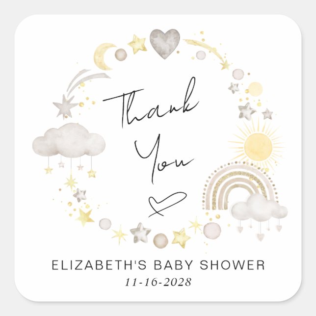 Boho Rainbow Sun Baby Shower Thank You Square Sticker (Front)