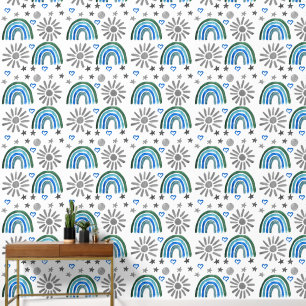 Boho Rainbow Sun Blue Baby Boy Kids Wallpaper