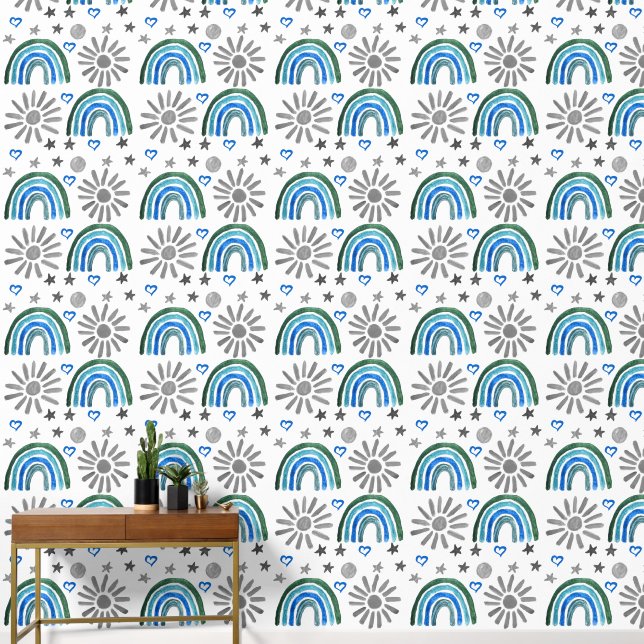 Boho Rainbow Sun Blue Baby Boy Kids Wallpaper (Hallway)