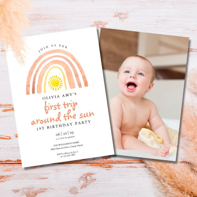 Boho Rainbow Sun First Trip Photo First Birthday Invitation (Creator Uploaded)