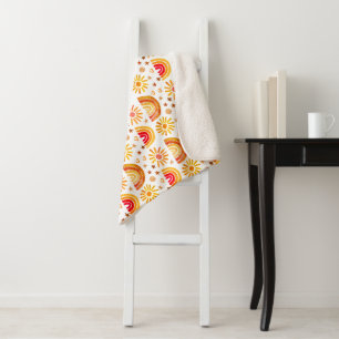Boho Rainbow Sun Stars Watercolor Orange Pattern Sherpa Blanket