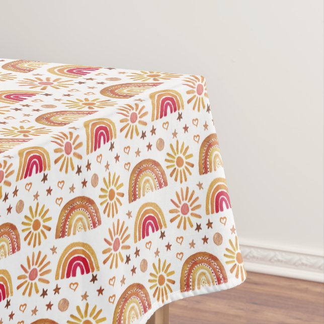 Boho Rainbow Sun Stars Watercolor Pastel Pattern Tablecloth (In Situ)