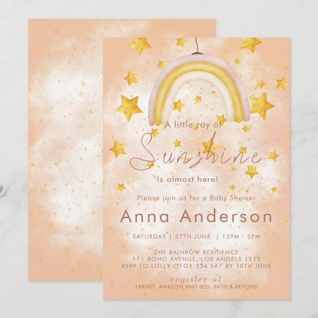 Boho Rainbow Sunshine Gold Stars Dusty Baby Shower Invitation (Front/Back)
