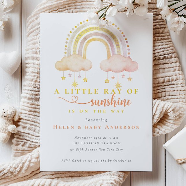 Boho Rainbow Sunshine Pink Girl Baby Shower Invitation (Creator Uploaded)