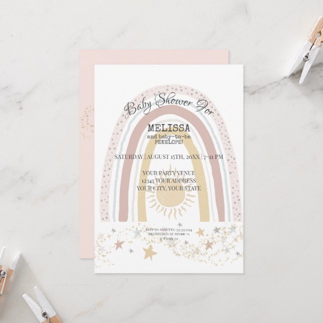 Boho Rainbow Sunshine Pink Mustard Gold Stars Girl Invitation (Front/Back In Situ)
