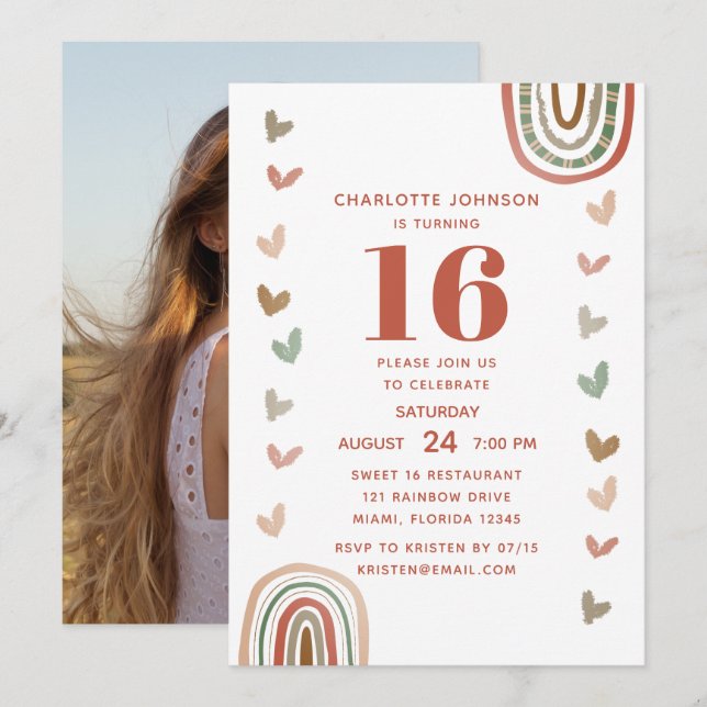 Boho Rainbow Sweet 16 Modern Birthday Party Invitation (Front/Back)