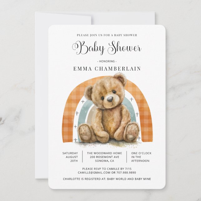 Boho Rainbow Teddy Bear Baby Shower Invitation (Front)