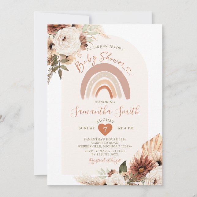 Boho Rainbow Terracota White Floral Baby Shower Invitation (Front)