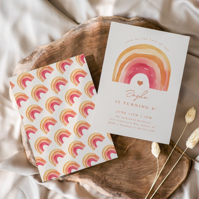 Boho Rainbow Terracotta Kids Birthday Party Invitation (Boho watercolor rainbow kids birthday party invitations.)