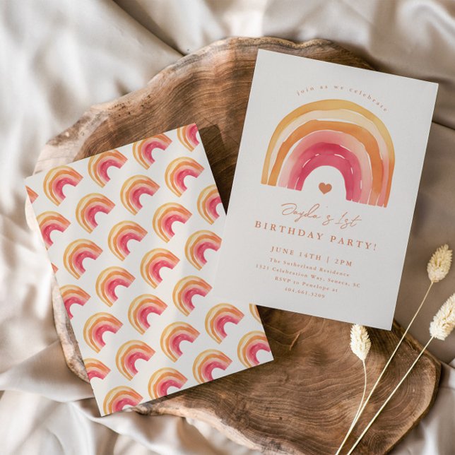 Boho Rainbow Terracotta Kids Birthday Party Invitation (Boho rainbow kids birthday party invitations.)
