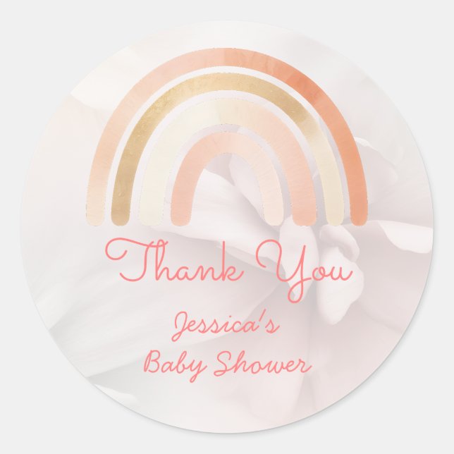 Boho Rainbow Terracotta Personalised Baby Shower Classic Round Sticker (Front)
